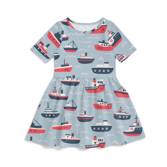 Alberta Dress - Tugboats Pale Blue