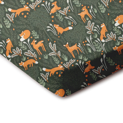 Fitted Crib Sheet - Deer & Foxes Dark Green