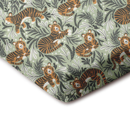 Fitted Crib Sheet - Dreaming Tigers Green