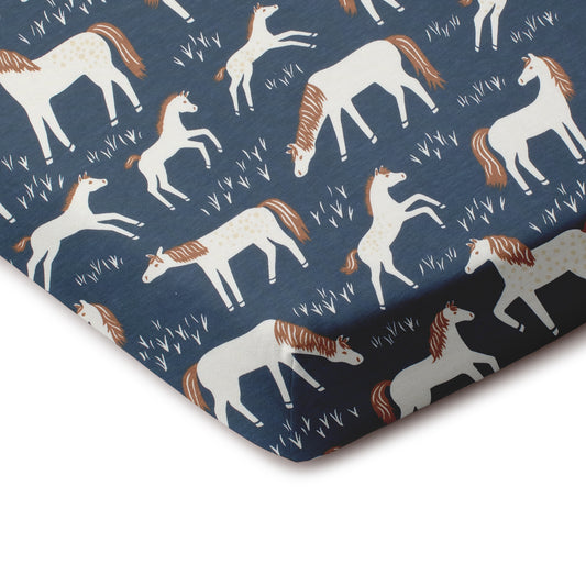 Fitted Crib Sheet - Horses Navy