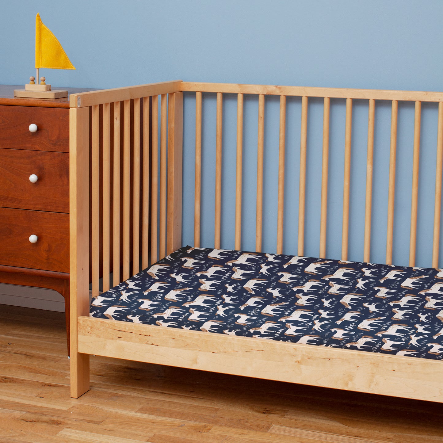 Fitted Crib Sheet - Horses Navy