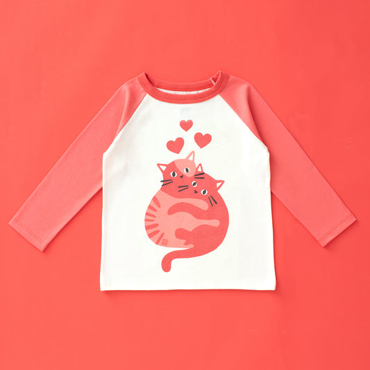 3/4 Sleeve Baseball Tee - Coral & Natural Kitty Love