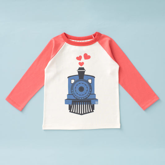 3/4 Sleeve Baseball Tee - Coral & Natural Love Train