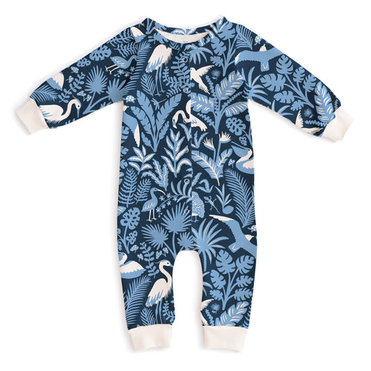 French Terry Jumpsuit - Tropical Birds Navy