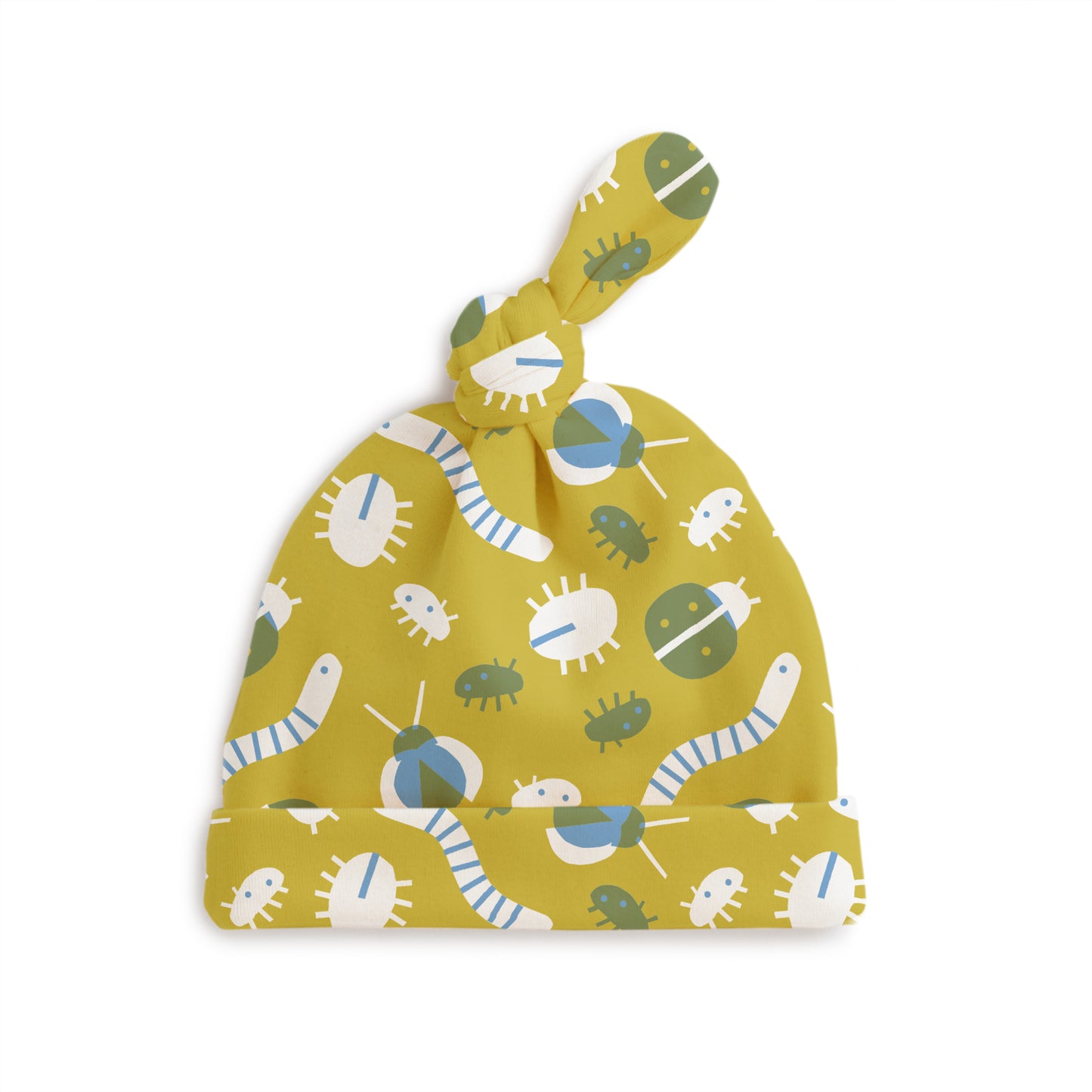 Knotted Baby Hat - Busy Bugs Chartreuse & Blue