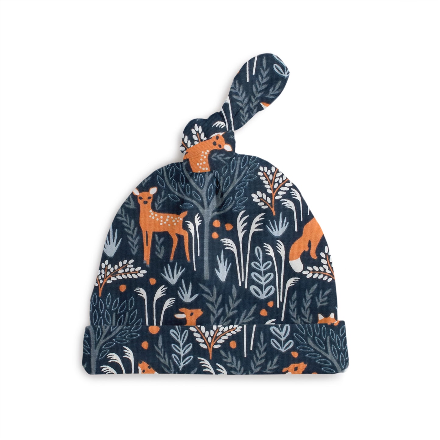 Knotted Baby Hat - Deer & Foxes Night Sky