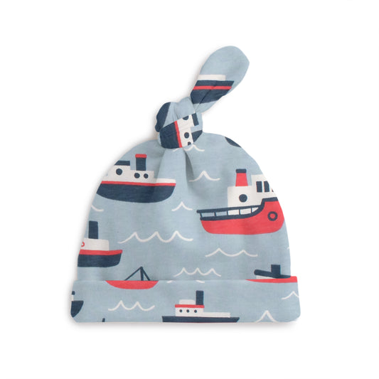 Knotted Baby Hat - Tugboats Pale Blue