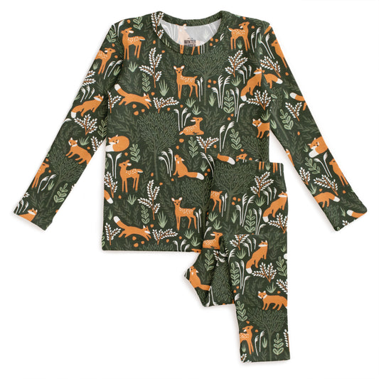 Kids Pajama Set - Deer & Foxes Dark Green