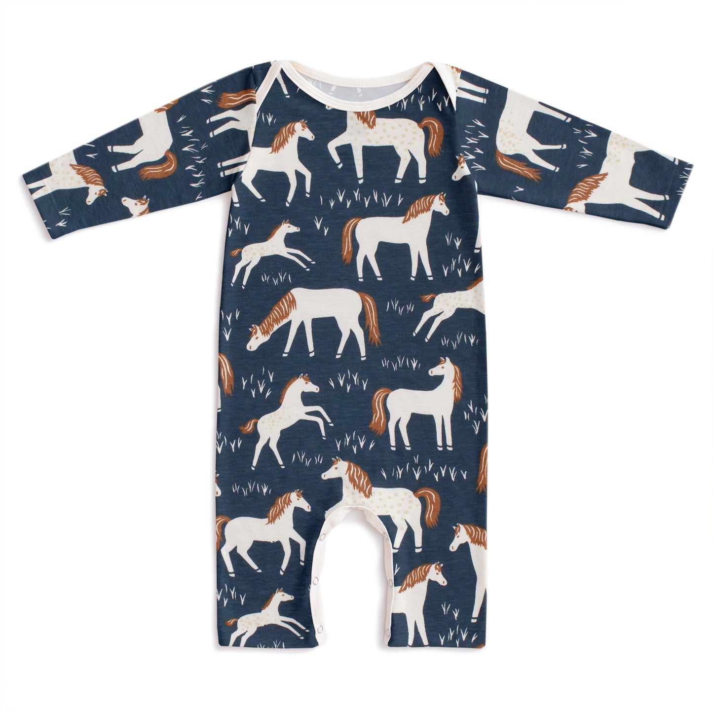 Long-Sleeve Romper - Horses Navy