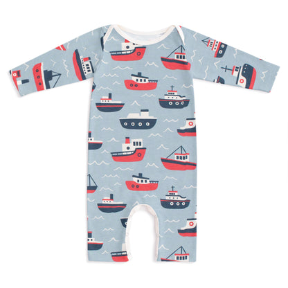 Long-Sleeve Romper - Tugboats Pale Blue