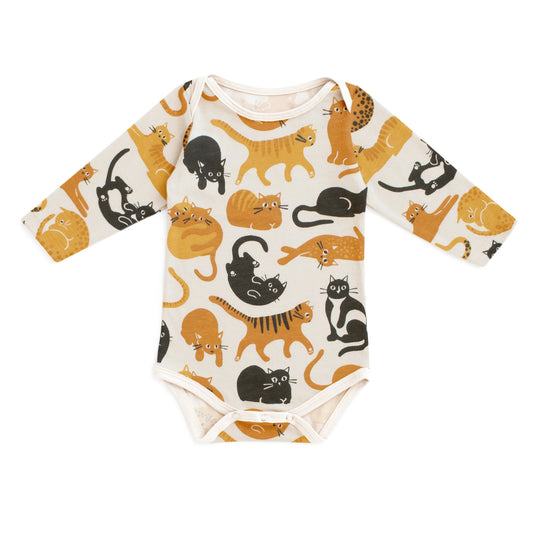 Long-Sleeve Snapsuit - Cat Friends Gold & Yellow