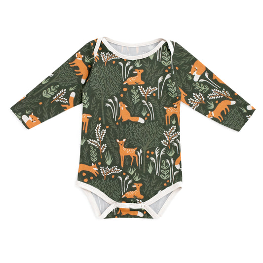 Long-Sleeve Snapsuit - Deer & Foxes Dark Green