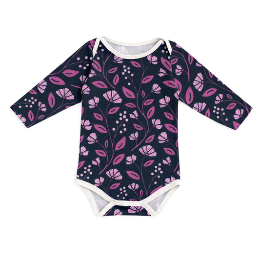 Long-Sleeve Snapsuit - Flower Vines Night Sky & Orchid