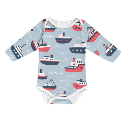 Long-Sleeve Snapsuit - Tugboats Pale Blue