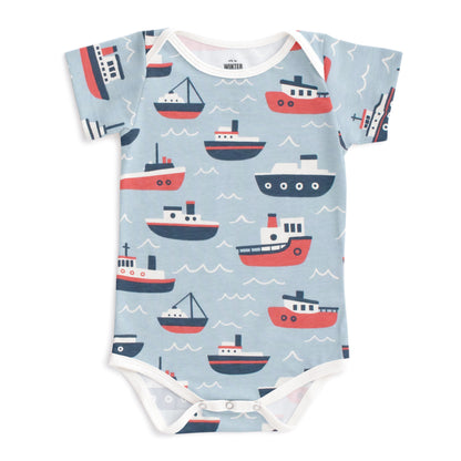 Short-Sleeve Snapsuit - Tugboats Pale Blue