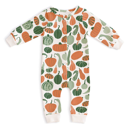 French Terry Jumpsuit - Gourds & Pumpkins Green & Orange